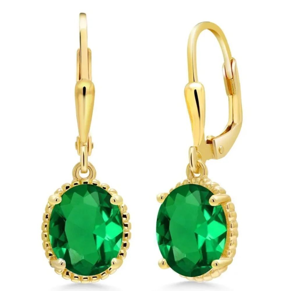 18K Yellow Gold 925 with 3.00 Cttw Emerald Oval Leverback Hook Earrings